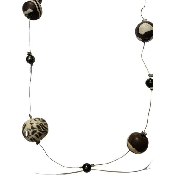 Vintage Black Beige Animal Print Beaded Silver Tone Strand Station Necklace 42” - Picture 5 of 7